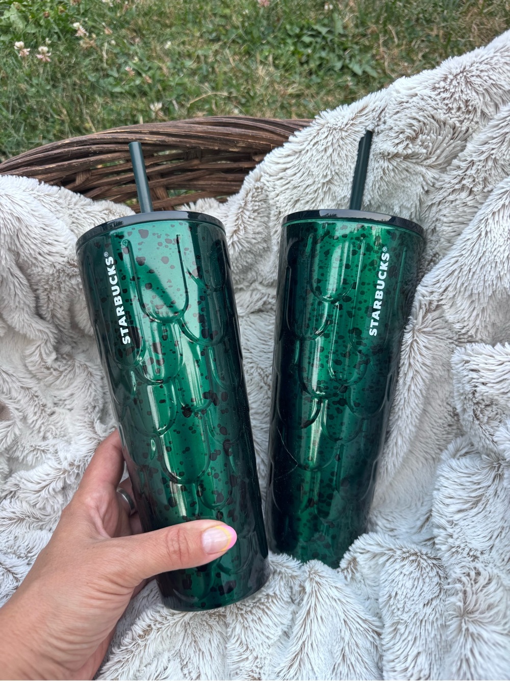 Pair of Starbucks Dark Emerald Green Speckled Reusable Tumbler with Straw